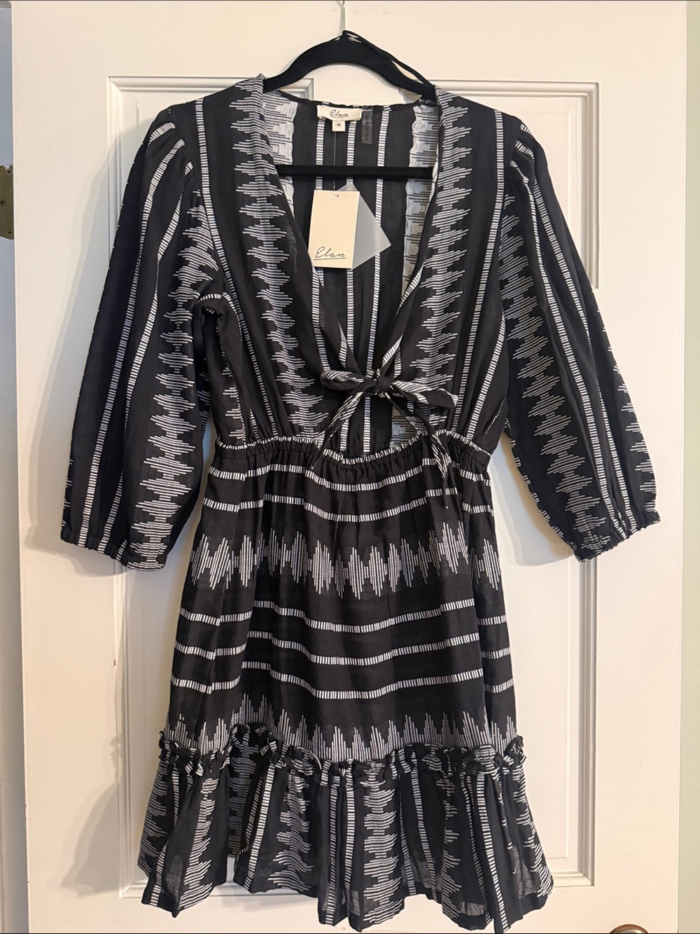 Elan Black and White Tie-Front Long Sleeve Mini Dress
